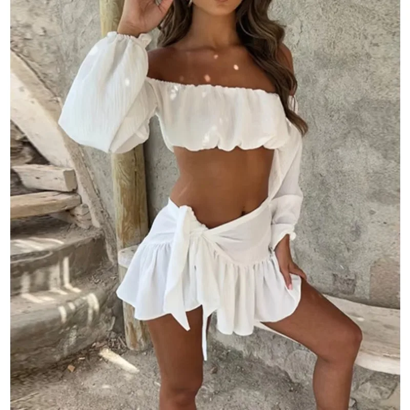 Fashion Two Piece Set Women Off-shoulder Crop Top and Short  Skirt Matching Sets Female Ruffle Club Party Sexy Set
