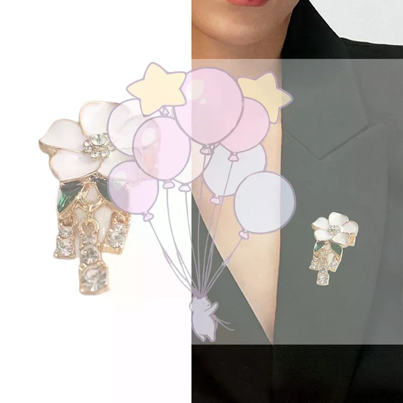 Elegant White Drip Oil Camellia Flower Brooches For Women Lady Temperament Rhinestone Tassel Pendant Brooch Party Casual Jewelry