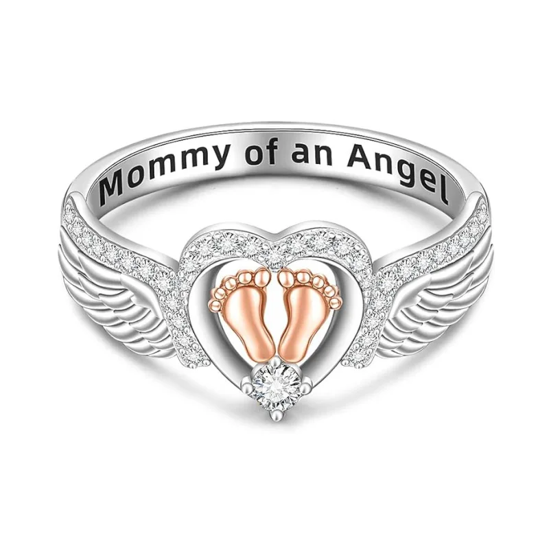 

S925 Sterling Silver Love Ring Angel Wings Design Heart Shape and Footprint Decoration Fashion Jewelry Trendy Accessory Gift