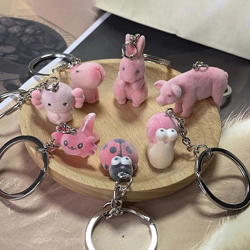 Fluffy Pink Animal Bunny Capybara Snail Keychains Resin Flocking Cute 3D Pig Butterfly Ladybird Pendant Bag Box Car Key Ring