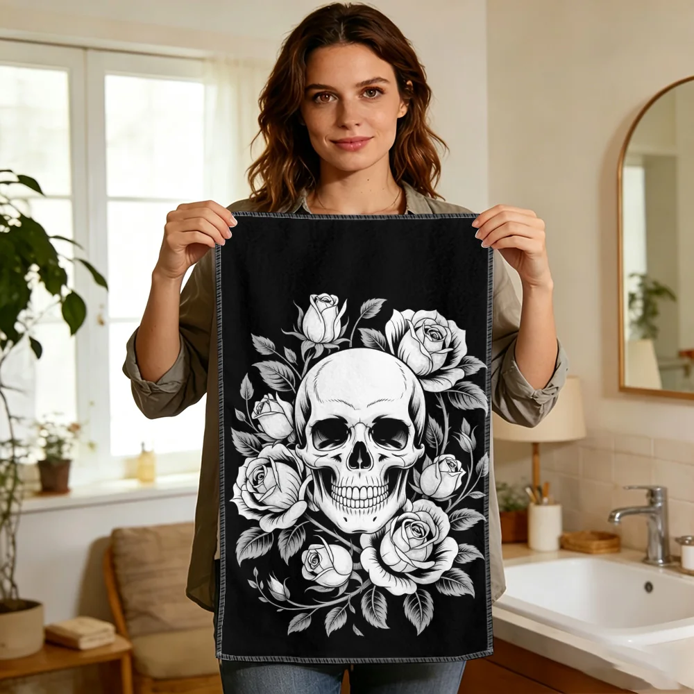 1pc/2pcs Gothic Skull and Rose Pattern Kitchen Towel-Super absorbent, reusable polyester dishcloths perfect for home decor, cook