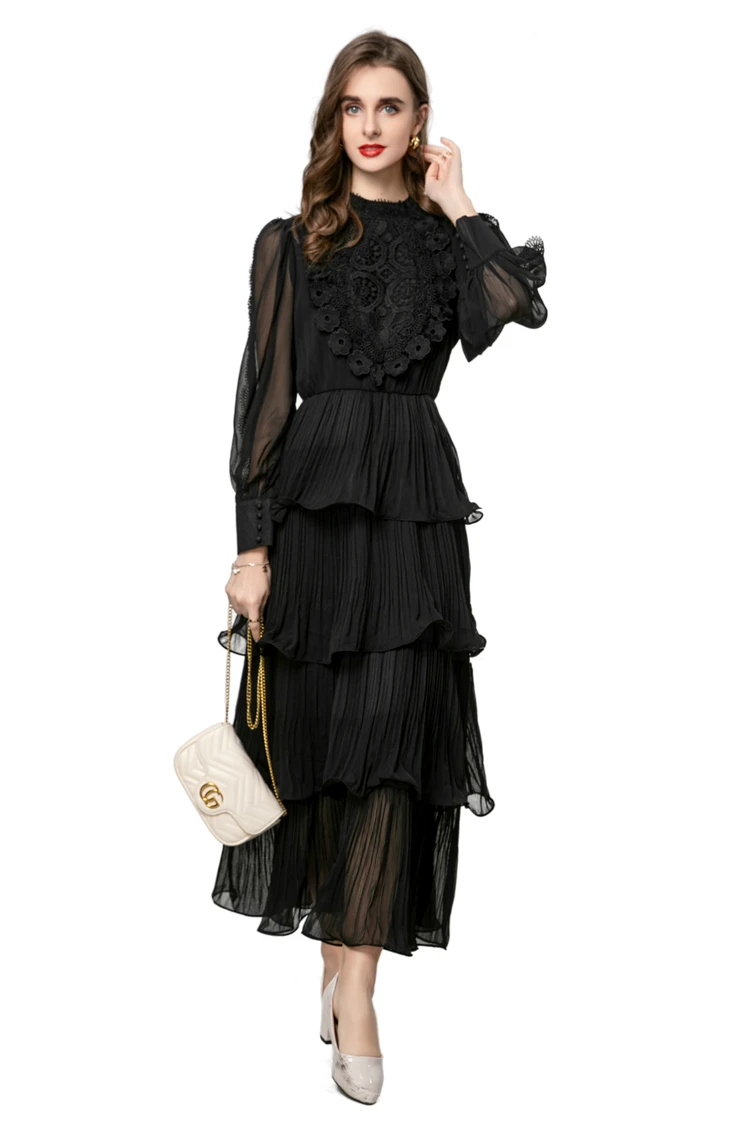 Vestidos femininos gola mangas compridas bordado retalhos em camadas babados elegante moda festa de formatura vestido