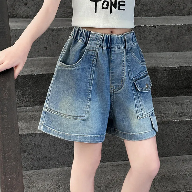Hot Sale Tween Girls Cargo Pants Denim Shorts with Pockets Kids Teenager High Waistband Mini Jeans Pants 5 6 7 8 9 10 12 13 14