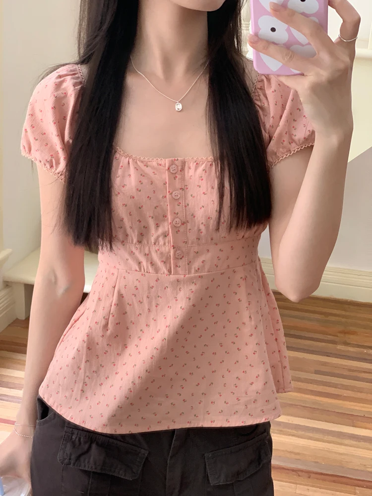 7Colors Summer 2024 Korean style Floral Short Sleeve T-Shirts Women Slim Waist Cropped Tops Femme (X3352