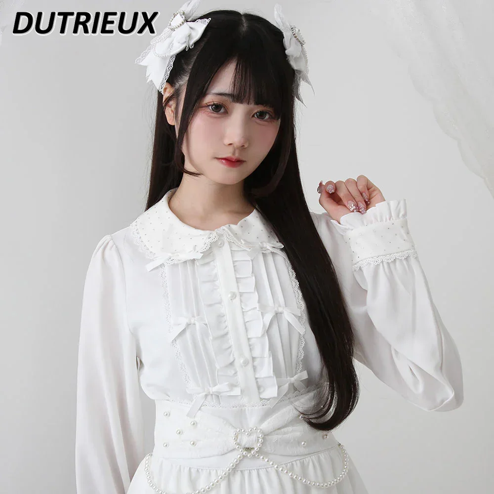 Primavera outono japonês doce e bonito lolita camisa arco renda emenda blusas casuais cor sólida interior manga longa topos para mulher