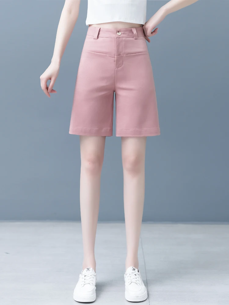 

Pink High Waist Wide Leg Casual Pants Thin Straight Tube Five Shorts Women's Summer New Style Cotton Blend Fabric