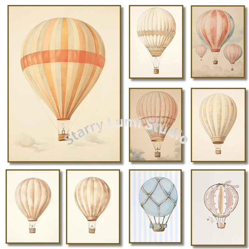 1pc Frameless Vintage Hot Air Balloon Animal Poster and Print Diamond Painting Transportation Wall Art Picture for Kids Room N
