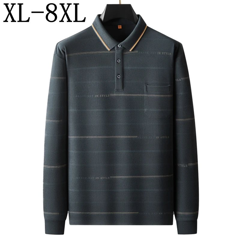 

8XL 7XL 6XL 2025 Новые осенние элитные роскошные полосатые рубашки для мужчин, повседневная свободная мужская рубашка-поло с карманами и лацканами, мужская футболка