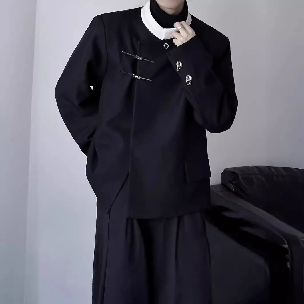 

New Chinese Style Stand Collar Padded Shoulder Blazer Autumn Unisex Trendy Niche Design Metal Button Casual Couple Suit