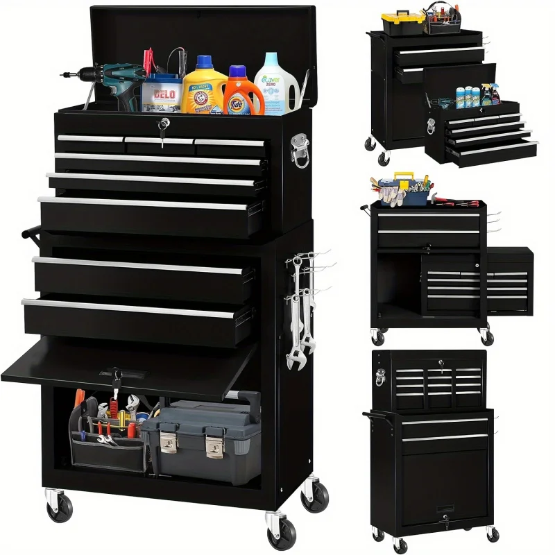 with Wheels 8 Drawer Rolling Toolbox Metal Lock Tool Box，Black Storage Drawer Unit