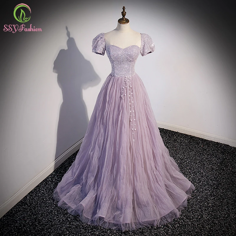 

Женское вечернее платье SSYFashion, романтическое фиолетовое платье со съемными рукавами, украшенное бусинами, для официальной вечеринки