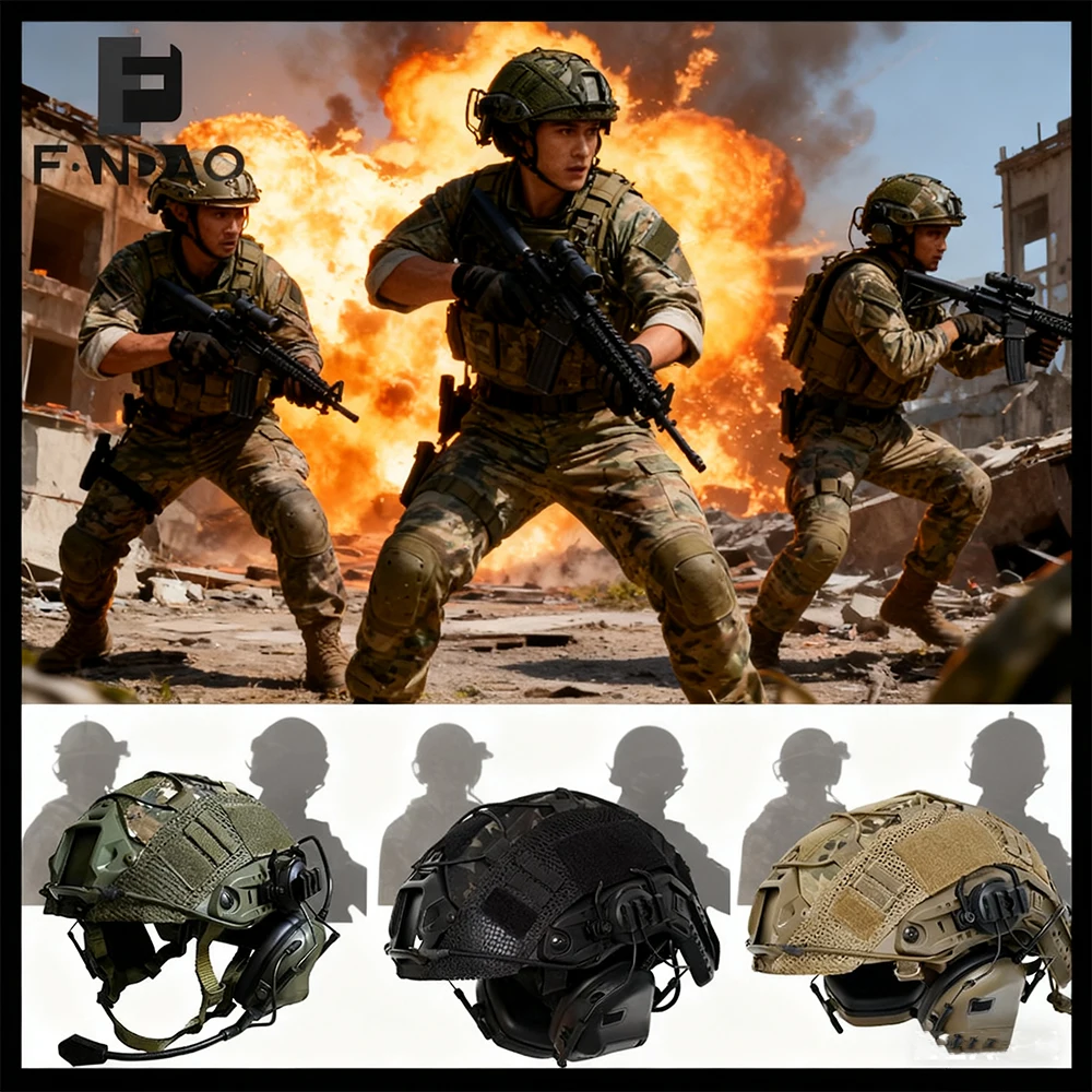 

Airsoft FAST Helmet Set with Tactical Communication Headset Camo Helmet Cover Hunting Paintball CS Game Protection Accessories
