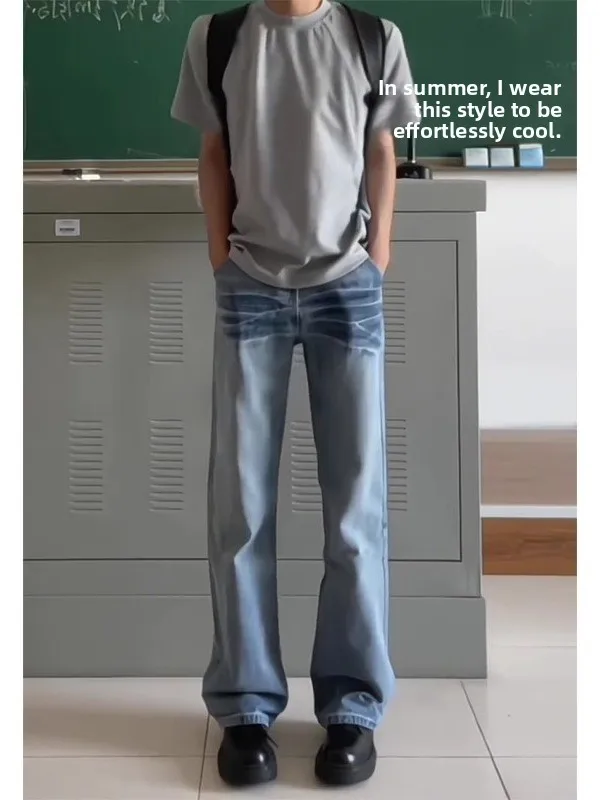 

Light Blue Lightning Pattern Men's Jeans High Street Summer Straight Leg Pants Clean Fit Wide Leg Trousers Youth Faion