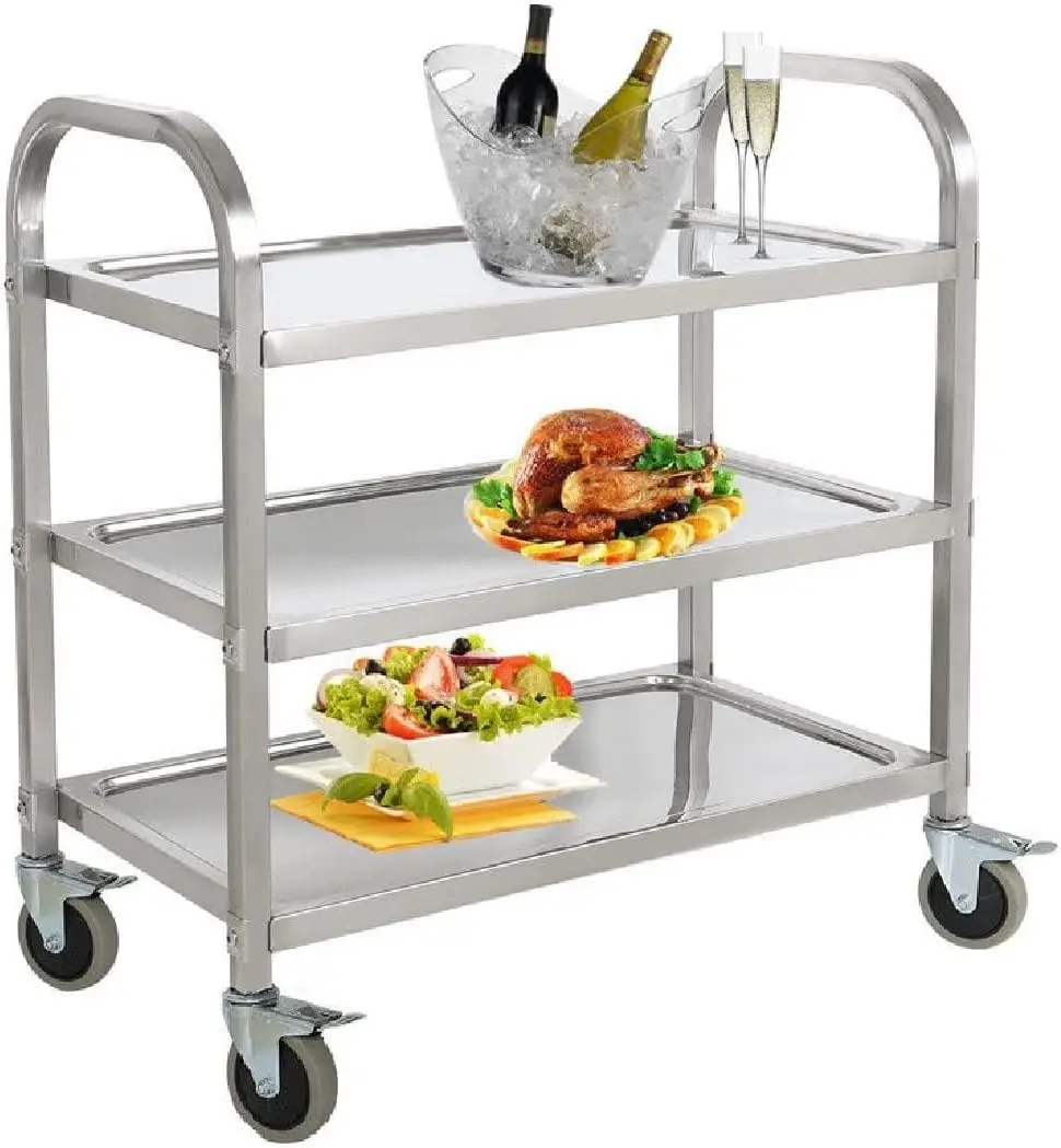 Carrito de comedor de acero inoxidable, carrito de servicio pesado con ruedas, 3 estantes, mediano-34 "de ancho x 18"