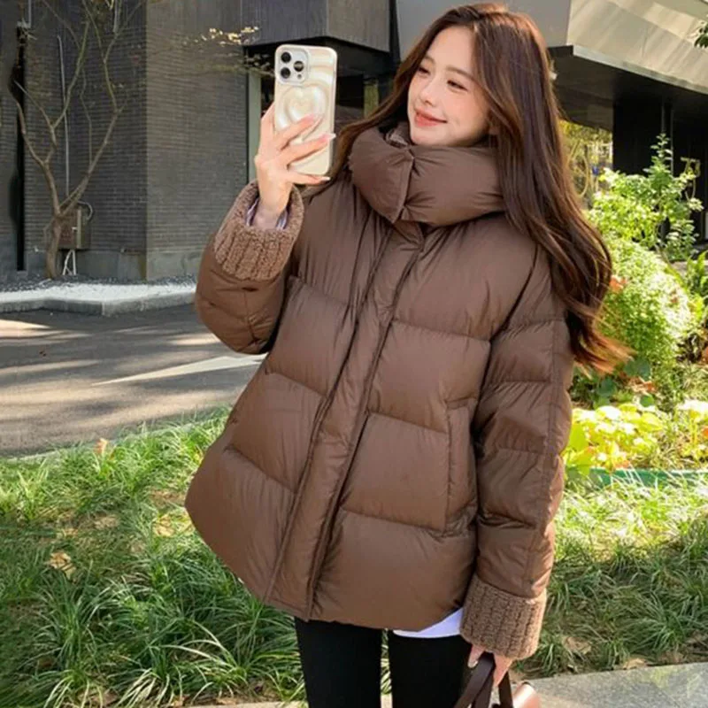 

Coffee Color Down Cotton Jacket Womens Winter New Lamb Wool Collar Padded Coat Thicke Female Detachable Hooded Parker Outerwear