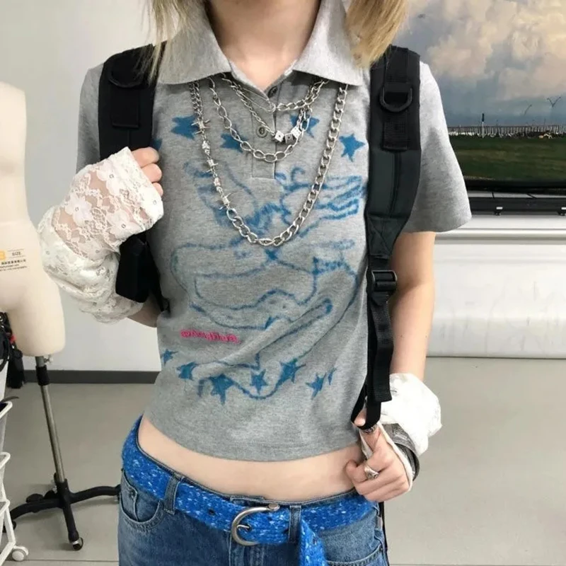 

American Vintage Print Polo Tee Women Harajuku Y2K Subculture Summer Cropped Top Minimalist Street Classic Simple T Shirt