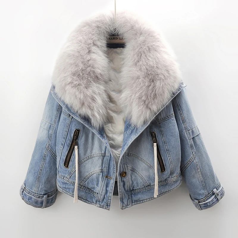 Winter Thick Natural Big Fox Fur Collar Down Cotton Liner Denim Jacket Women Cowboy Outerwear Loose Short Jeans Jacket Female