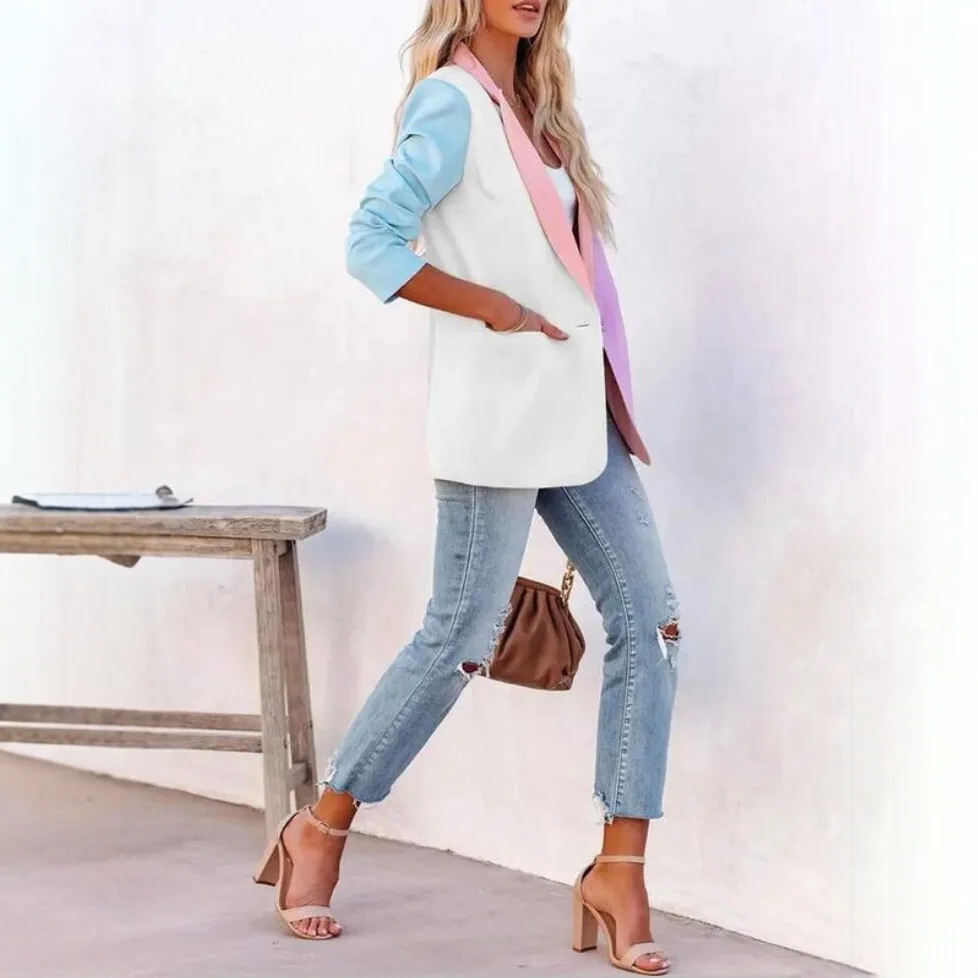 Color-blocked Single-breasted Patchwork Blazer With A Notched Lapel, Long Sleeves, And A Smart Fit, Suitable For Business. Rando