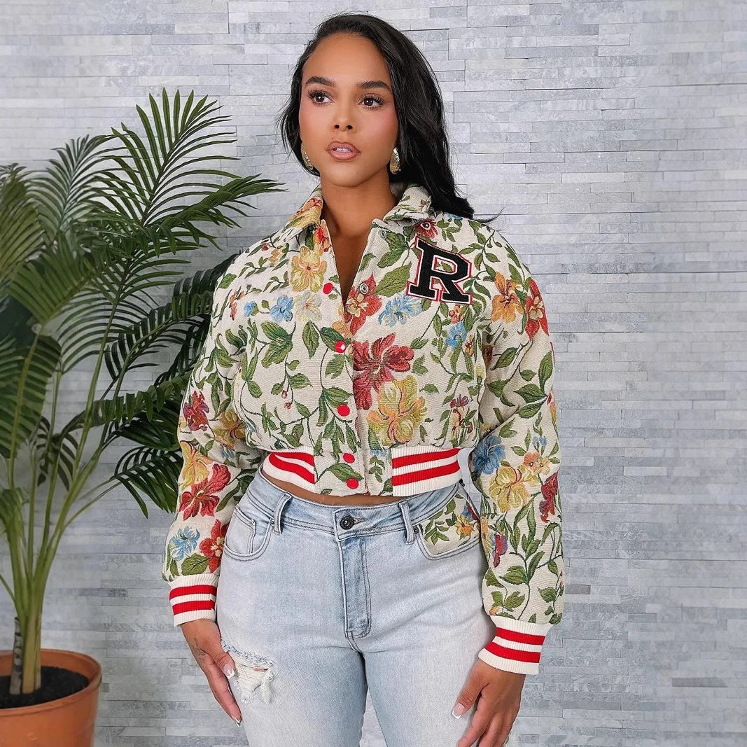 Chaqueta de mujer primavera otoño moda Jacquard manga larga chaqueta corta ajustada ropa de calle señora Casual abrigo corto con estampado de flores