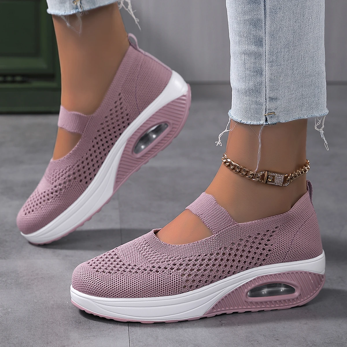 Round Toe Knitted Women\'S Shoes With Thick Soles And Elevated Height, Single Shoe Size 35-43, Summer Breathable Casual Shoes