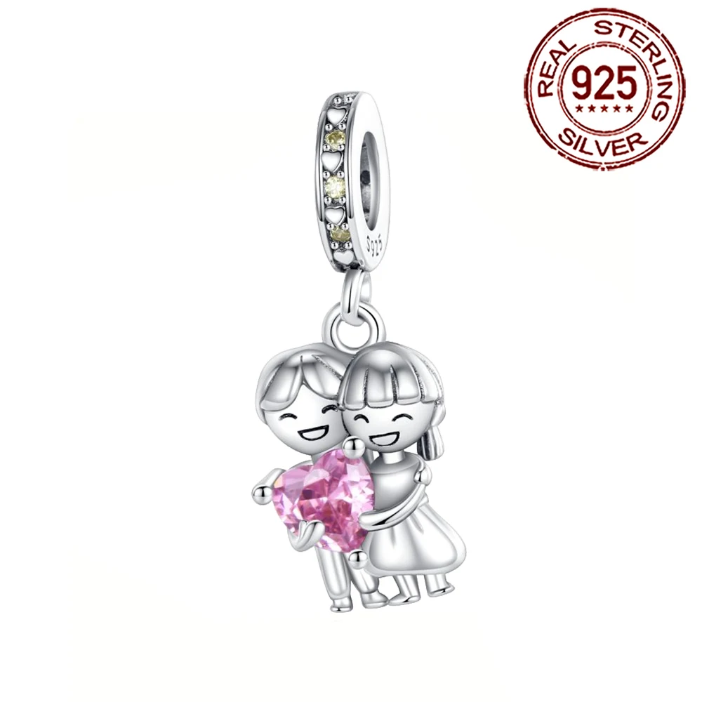

Danturn 925 Sterling Silver Original Beads Couple holding a heart Charm fit Snake Chain Bracelet Fashion Women Jewelry Making