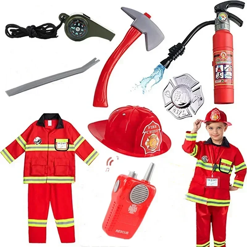 Child Firefighter Costumes Firefighter Toys Firefighter Tools with Walkie-talkie, Compass Whistle, Axe Kit Pretend Play Toy