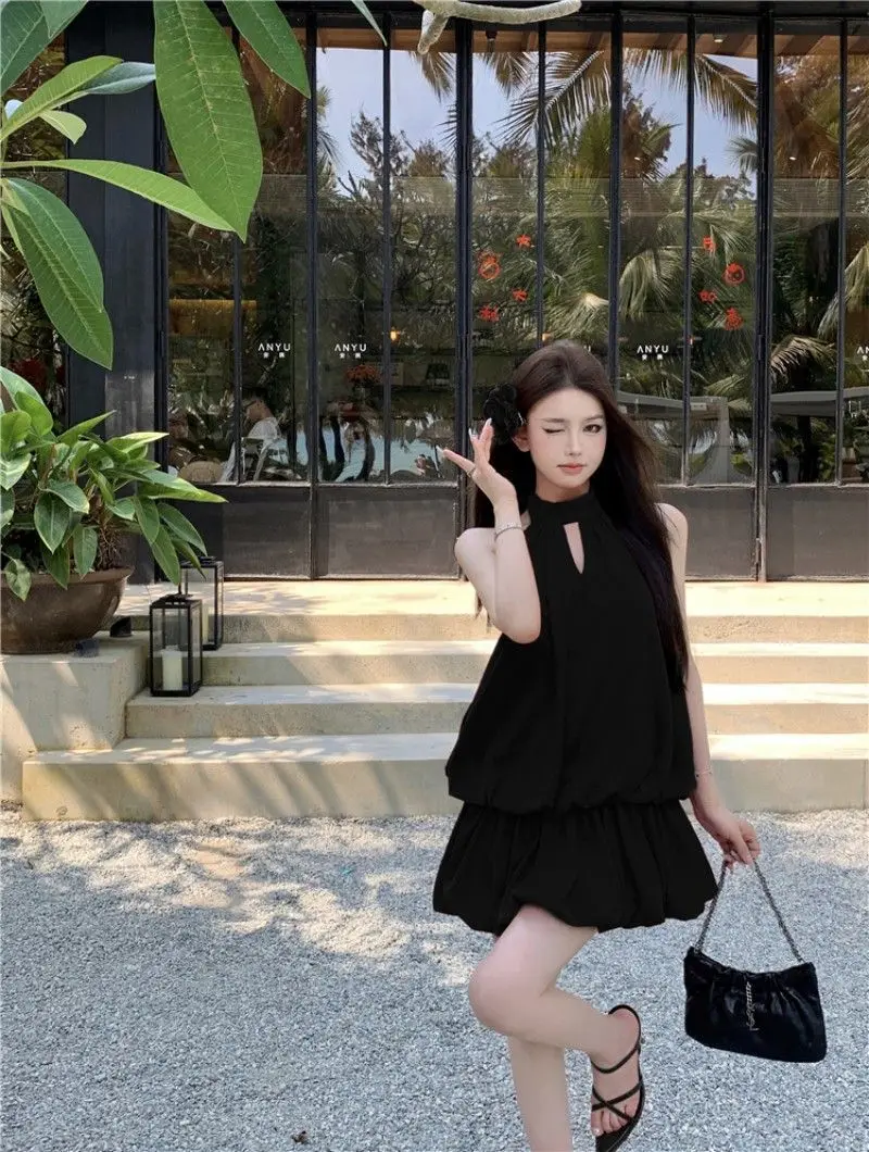 Vestidos femininos na altura do joelho 2025 mulher sem mangas plissado acordeão drapeado dobras empilhadas em camadas torções babados