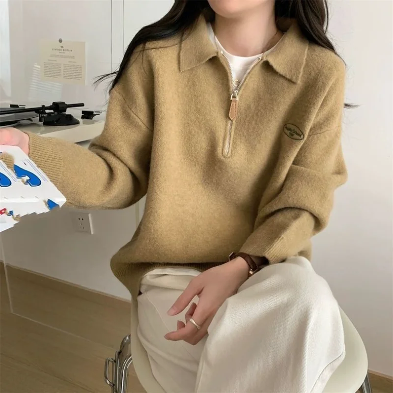 Version coréenne de Simple col Polo fermeture éclair haut pull en tricot femmes automne hiver 2025 nouveau Style polyvalent ample tenue décontracté
