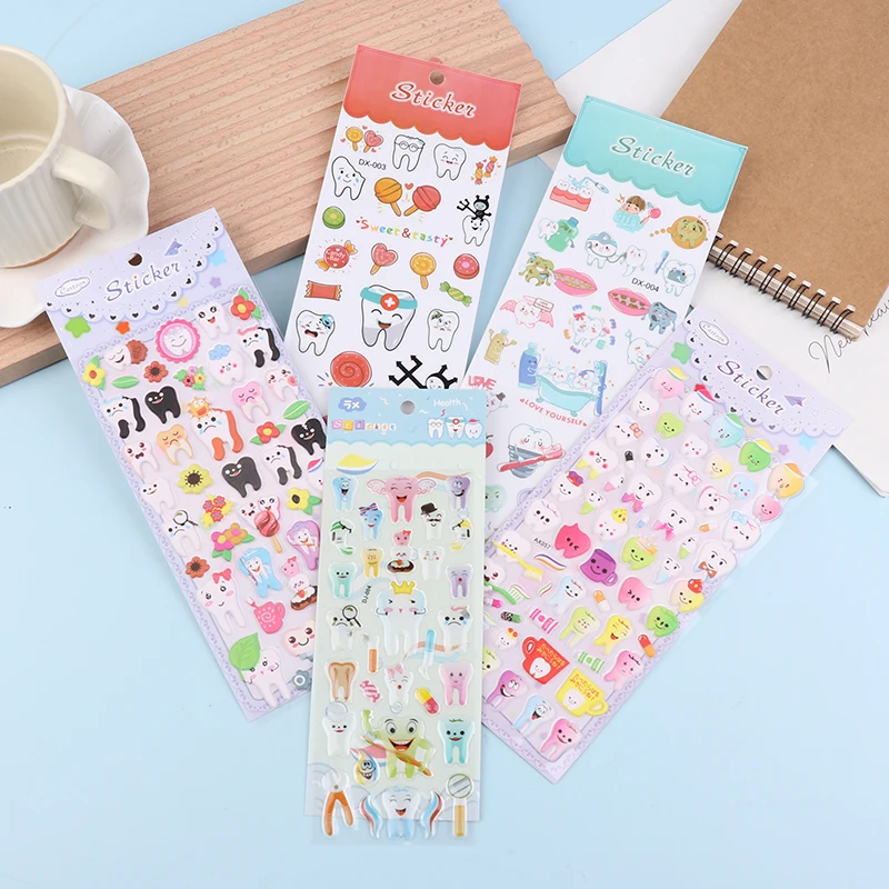 4/5 fogli adesivi a forma di dente dentale del fumetto spazzolino denti adesivi ricompensa per bambini decorazione adesiva a forma di dente del fumetto 3D