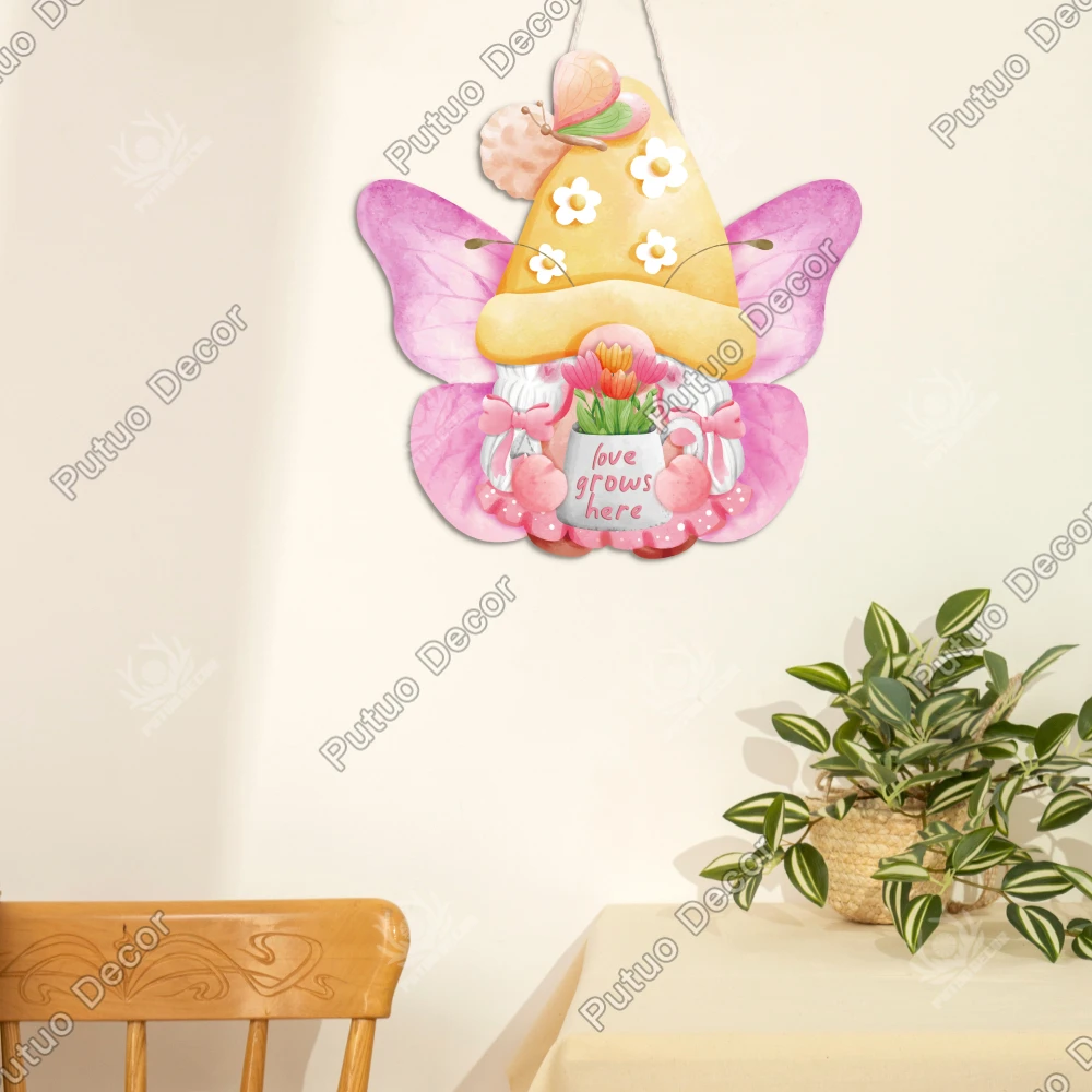 Putuo Decor 1pc Butterfly Gnome Wooden Hanging Sign, Love Grows Here,Wall Art Decor for Home Farmhouse Florist's Shop Cafe,Gifts