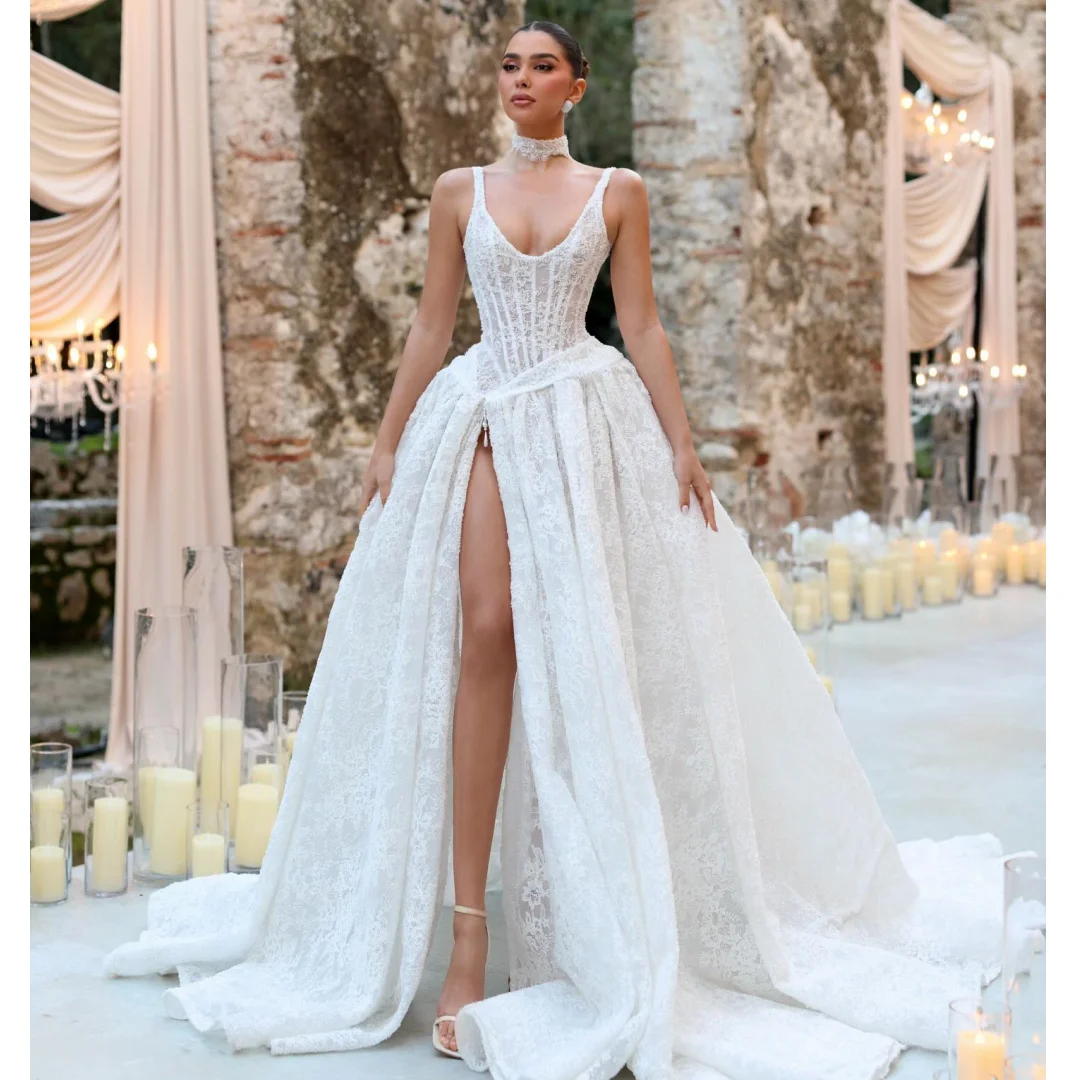 

High Split Lace Wedding Dresses Exquisite Scoop Neck Corset Vestido de Novia Elegant Pleated Eveing Dress Vestidos Customized
