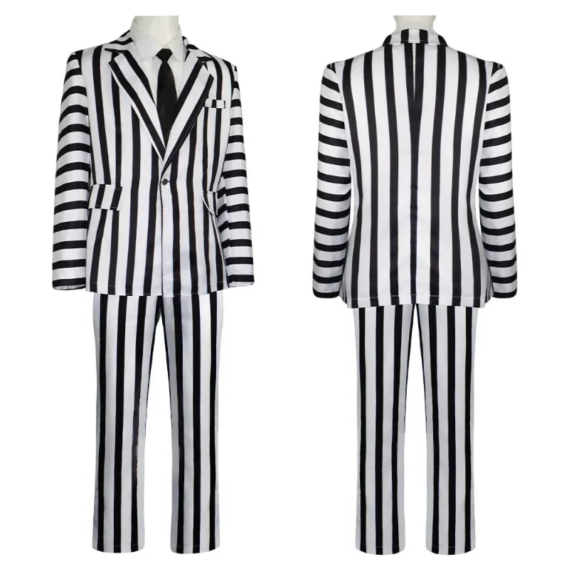 Anime Cosplay Beetle Juicee Men Black and White Striped Suit Scary Halloween Costumes Wig Tie Shirt for Cosplay Party 0010