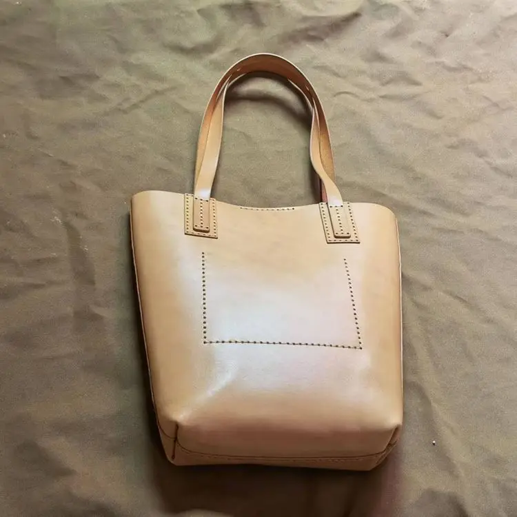New Vintage Vegetable-tanned Leather Pure Sewing Underarm Bag Women's Bag Fashion Large Capacity Handbag Cow Leather Tote Bag