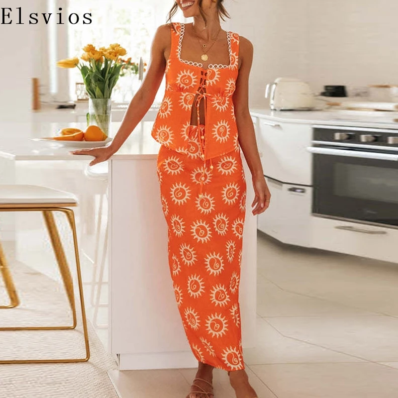 

Sexy Square Collar Sleeveless Blouse Tops&Bodycon Skirts Suit Women Pattern Print Slim Two Piece Dresses Set Holiday 2025 Outfit