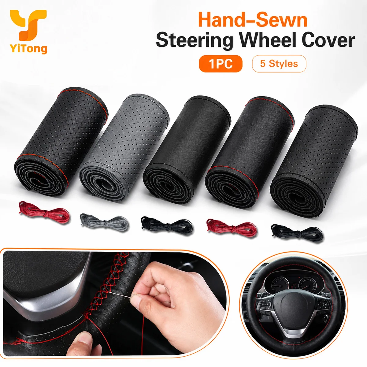 Yitong 1PC Hand Sewing Car Steering Wheel Cover Soft Breathable Leather DIY Stitch Steering Protector Auto Interior Accessories