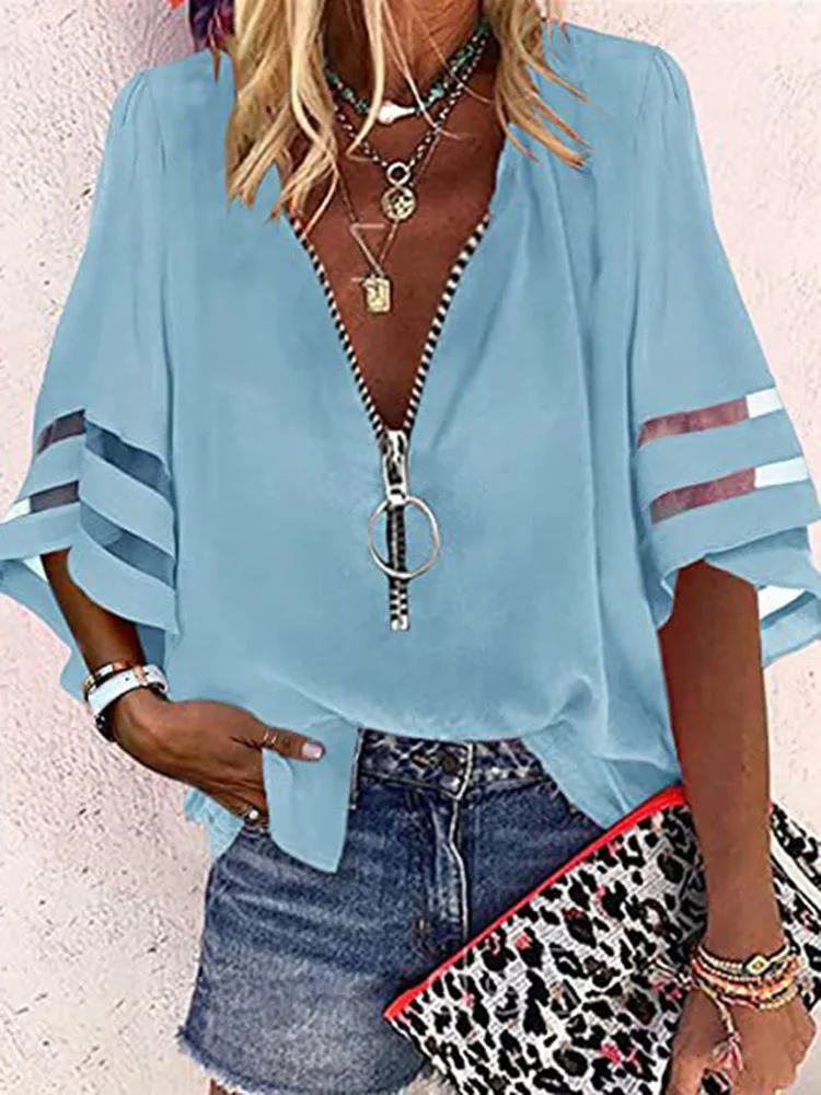 2024 Summer Shirt Sexy Lace Patchwork Flared Sleeve Mesh Solid Blouse Women Zipper V-Neck Loose Casual Tops T-Shirt Streetwear