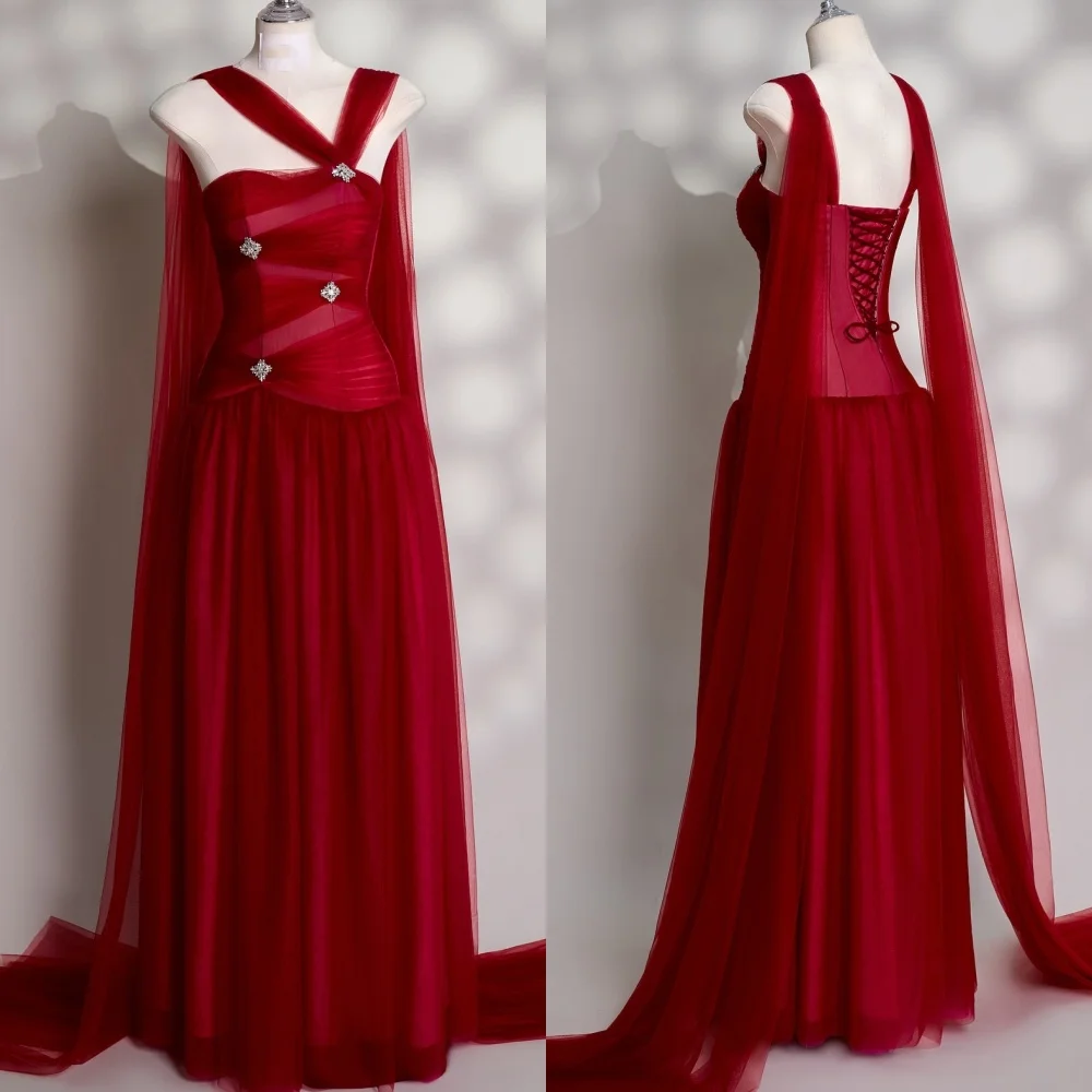 

Customized Simple Net Sequined Pleat A-line Strapless Long Dresses Bespoke Occasion Evening Fashion Exquisite