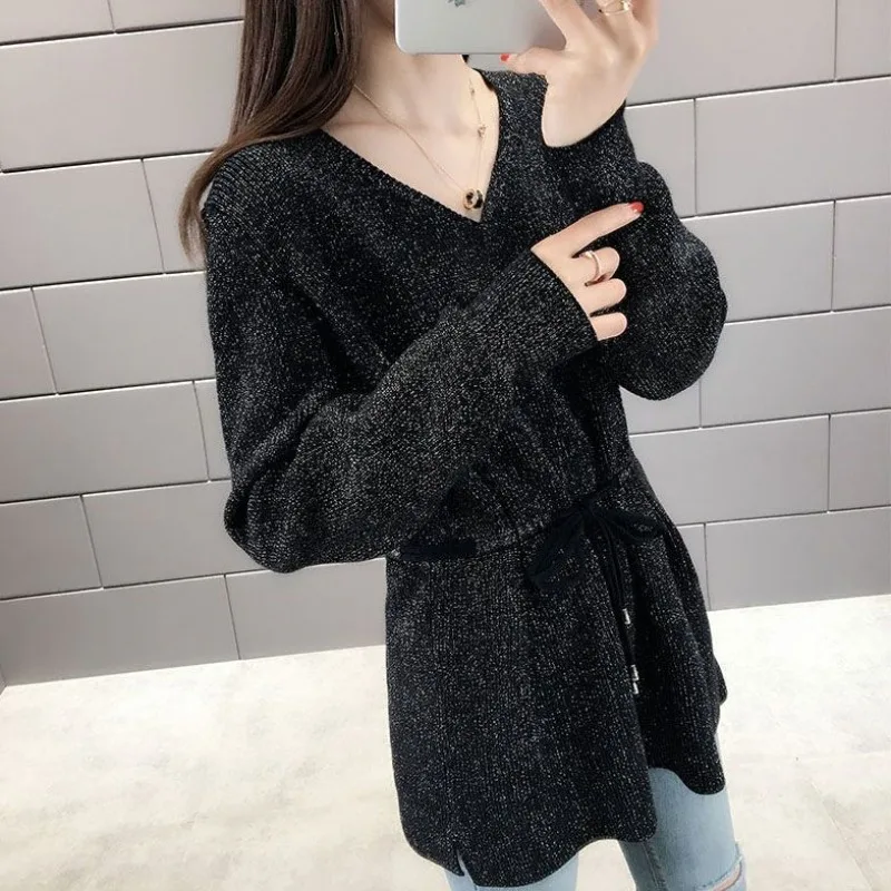Lady V-neck Solid Drawstring Sweaters Autumn and Winter Fashion Loose Bandage Pullover Long Sleeve Knit Tops Women's Clothing