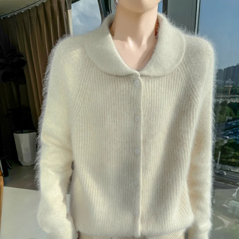Ladies Doll Collar Knitted Cardigan 100% Mink Fur Women's Sweater Autumn Winter Thick Top Large Size Warm And Sweet Style Jacket