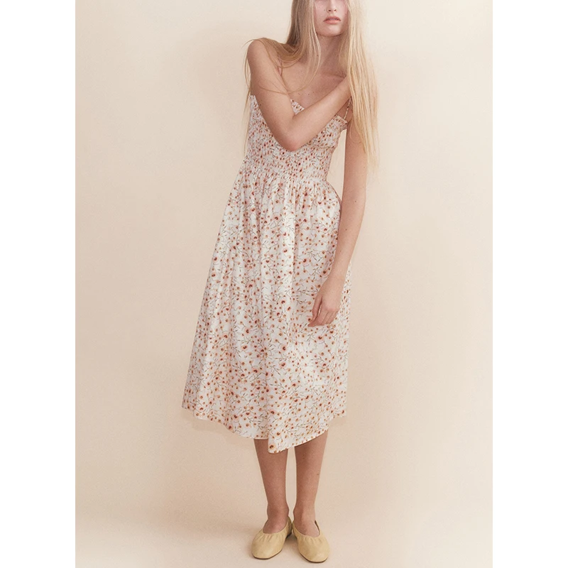 فستان نسائي صيفي بياقة على شكل قلب، فستان متوسط الطول بدون أكتاف، فستان كاجوال بخصر مرتفع من ألياف البوليستر