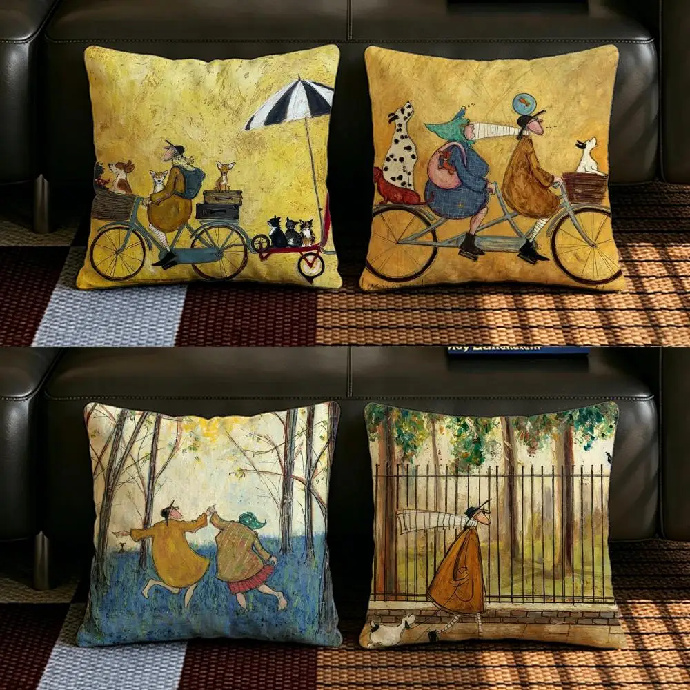 Retro Oil Painting Style Cushion Cover Cartoon Man Riding Bicycle With Dogs Pattern Square Decorative Pillowcase for Living Room
