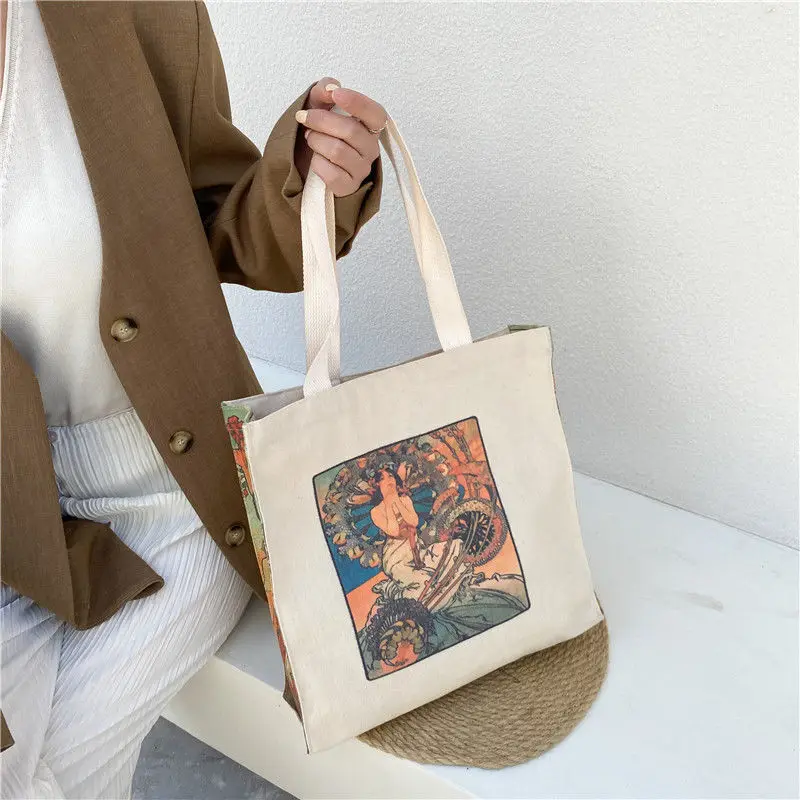 Canvas Shoulder Bags for Women 2022 Ladies Casual Handbag Tote Large Capacity Cotton Reusable Oil Painting Shopping Beach Bag