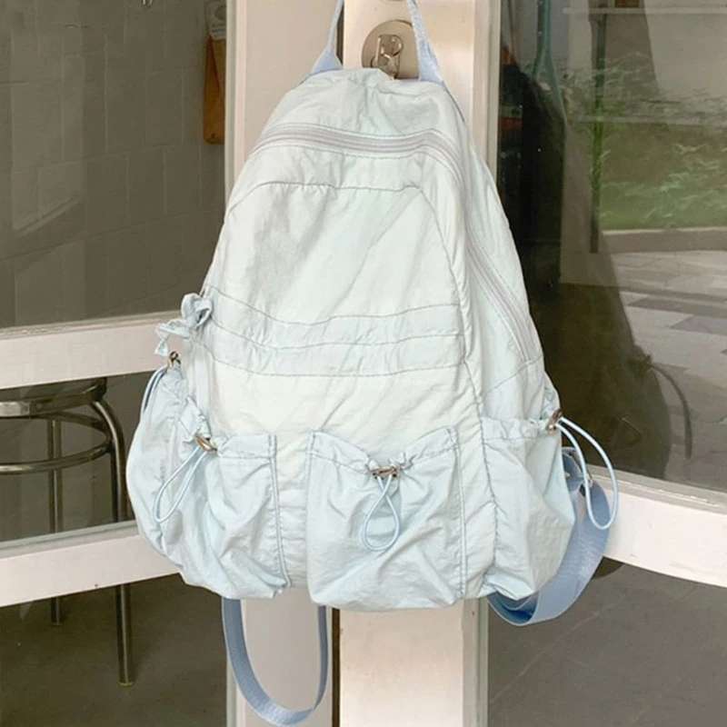 Korean Fashion Ruched Backpack Multiple Pocket Drawstring Solid Color School Bag E74B