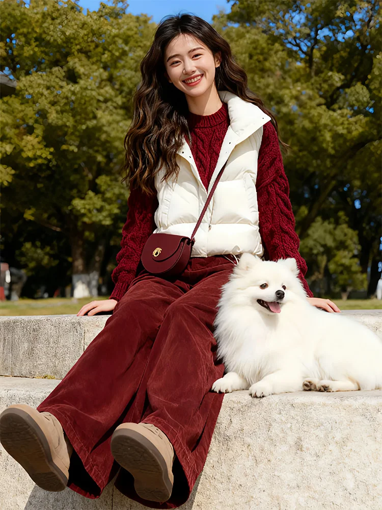 

Faionable Winter Tee-Piece Set Women's College Sle Cotton Vest Knitted Top Wide Leg Pants Casual Loose Fit High Waist