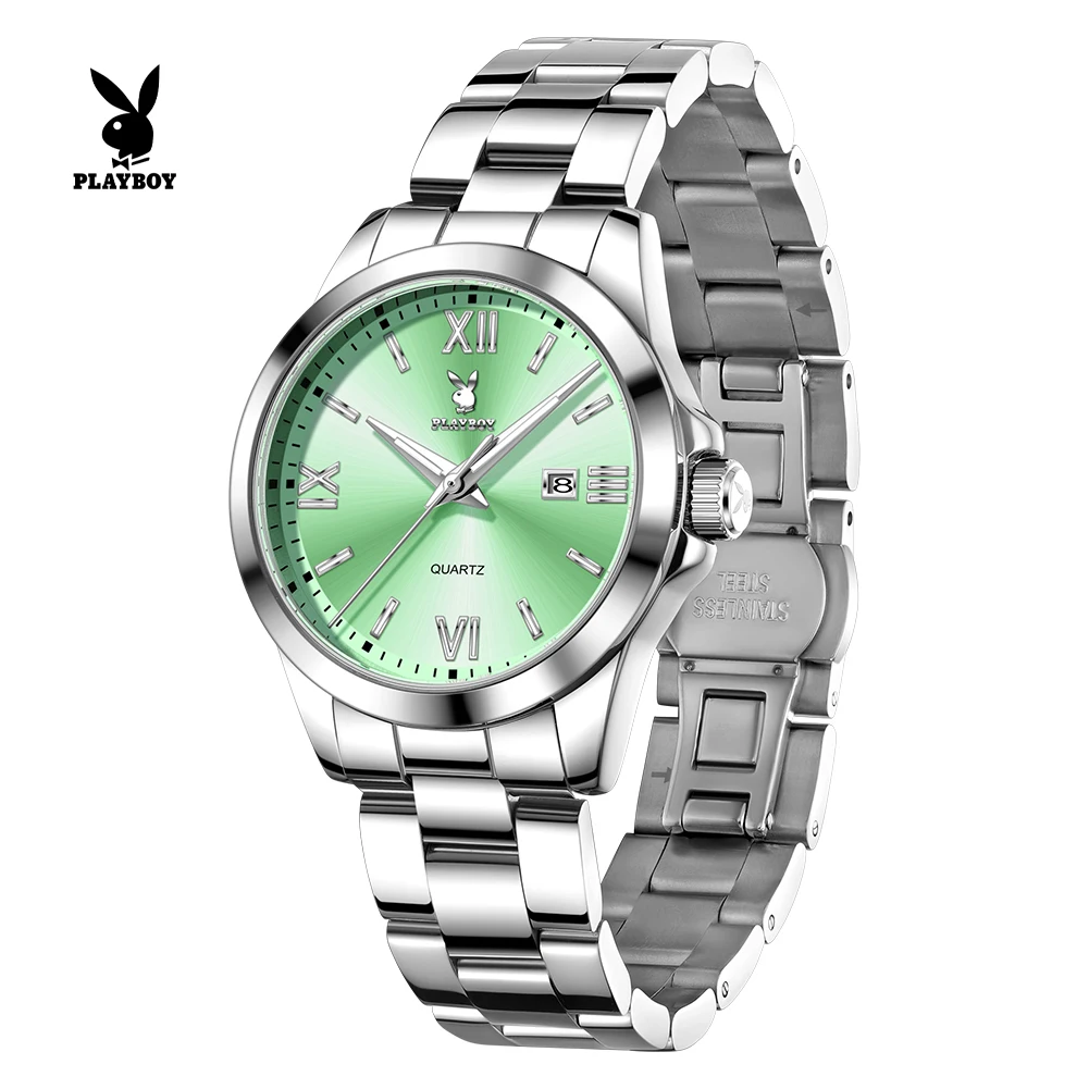 PLAYBOY Quartz Watches for Women Simple Elegant Stainless Steel Waterproof Luminous Ladies Wristwatches Luxury Woman Watch 3535
