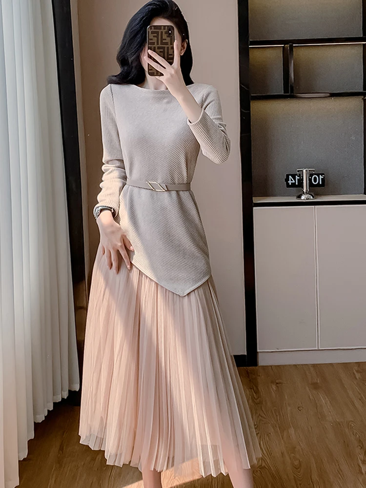 Women\'s Suit 2024 New Temperament Knitted Sweater Irregular Pullover Tops + Mesh Pleated Skirt Two Piece Set Fashion Clothes