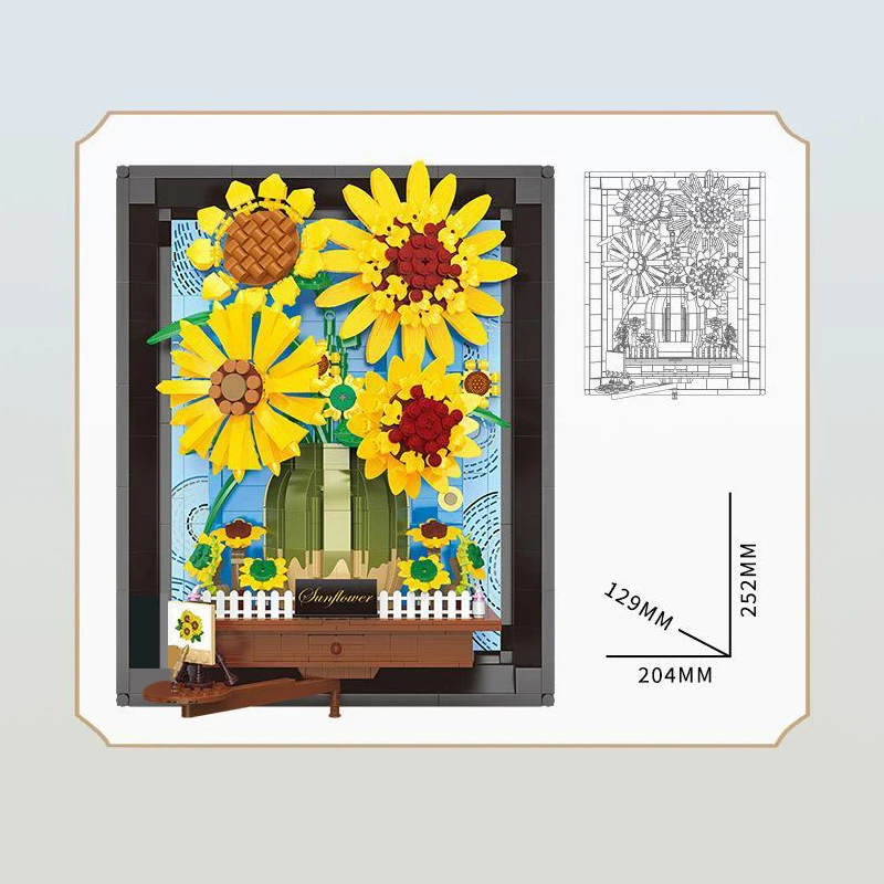 Creative Van Gogh Sunflower Painting Bouquet Building Blocks Sun Flower 3D Model Picture Frame Home Decoration Bricks Toys Gift