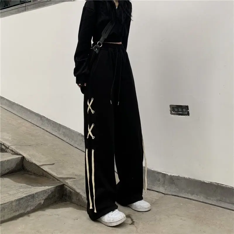 Street Casual Bandage Patchwork Straight Pants Spring Autumn New Solid Loose All-match Wide Leg Pants Fashion Y2K Women Clothing