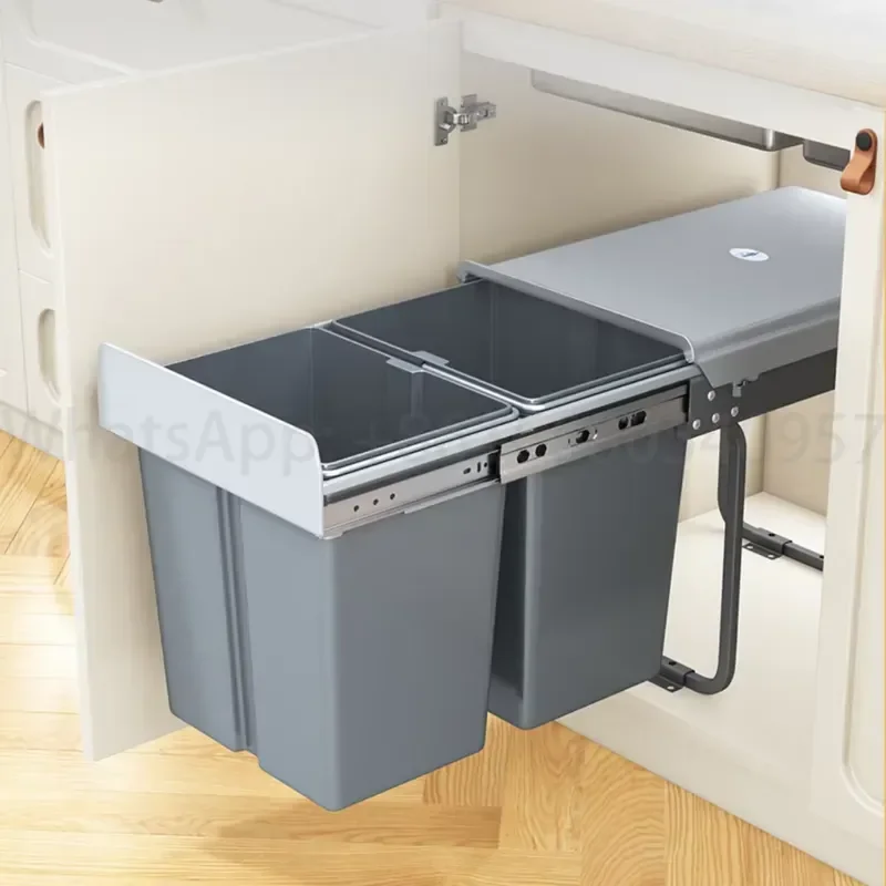 Kitchen Furniture Built in Kitchen Pull Out Trash Can Basket Dual Compartment Under Cabinet Waste Bin With Lid