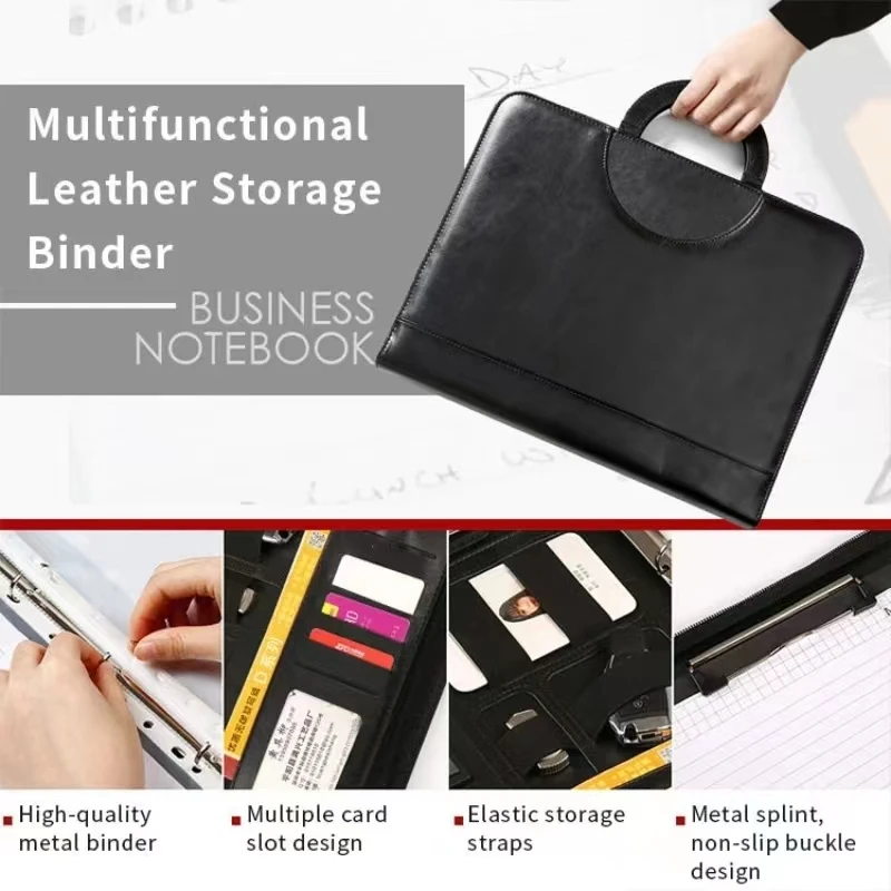 2024 File Folder Storage Document Portfolio Bag Pu Leather Ring Premium Custom Logo Design Portfolio